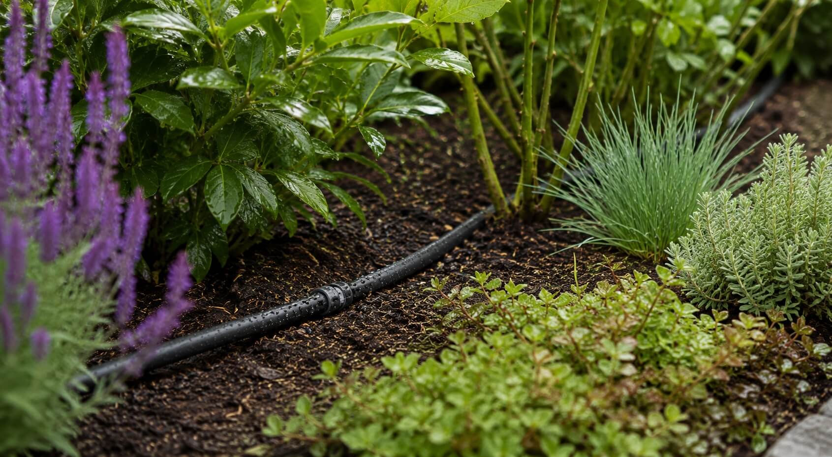 druppelslang in border van tuin